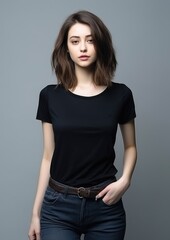 Young woman in black tee and jeans against grey background