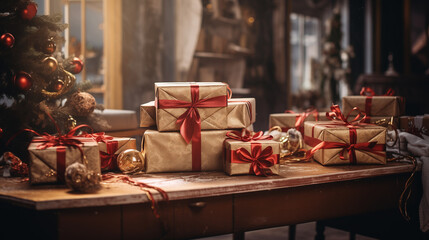 christmas gifts on the table, ai generated