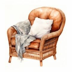 Watercolor a cozy armchair with cushions, white background. AI generate illustration