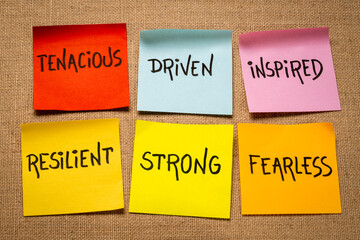 inspirational power words - tenacious, driven, inspired, resilient, strong and fearless - set of...