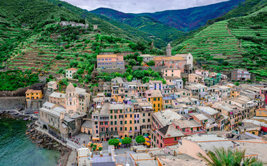 Vernazza, one of the five towns that make up the Cinque Terre region, in Liguria, Italy. It has no...
