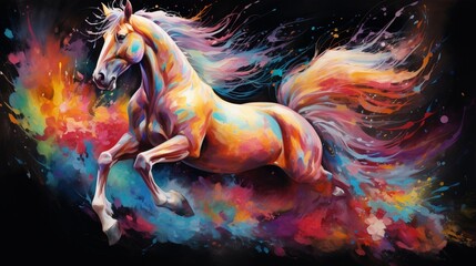Obraz na płótnie Canvas A majestic horse gallops through a vibrant rainbow of colors, its mane flowing in the wind against a stark black background - AI Generative