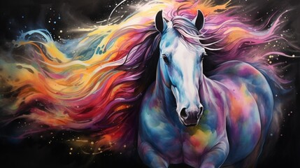 A majestic horse gallops through a vibrant rainbow of colors, its mane flowing in the wind against a stark black background - AI Generative