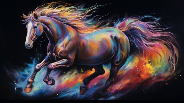A majestic horse gallops through a vibrant rainbow of colors, its mane flowing in the wind against a stark black background - AI Generative