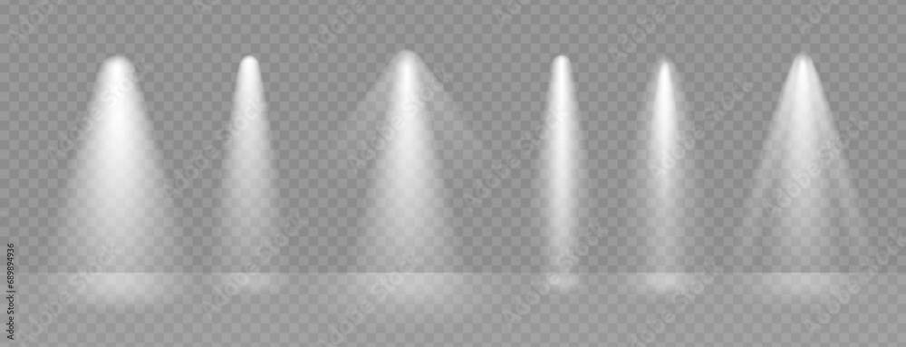 Poster Light rays effect vector on transparant scene. Stage lamp on award ceremony flare the event. Spot beam shine and glow, illuminate concert studio.