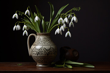 Classical still life with snowdrops in a ceramic vase. Springtime flowers.