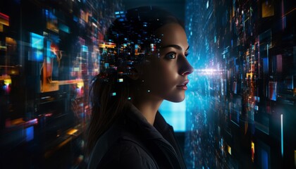 Digital woman in a digital world, female figure standing searching for information inside the virtual world. AI design art - obrazy, fototapety, plakaty