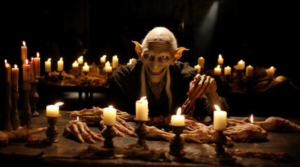 Creepy goblin sitting at the table with candles and cut off hands