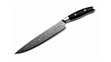 Knife with multi-layered damascus blade on white background - obrazy, fototapety, plakaty