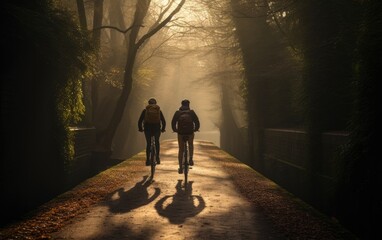 A couple of people riding bikes down a road. Generative AI.
