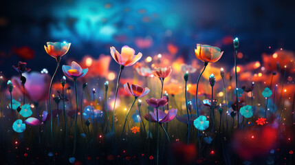 Dream-like colorful glowing flowers