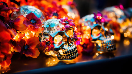Colorful glowing skulls with flowers