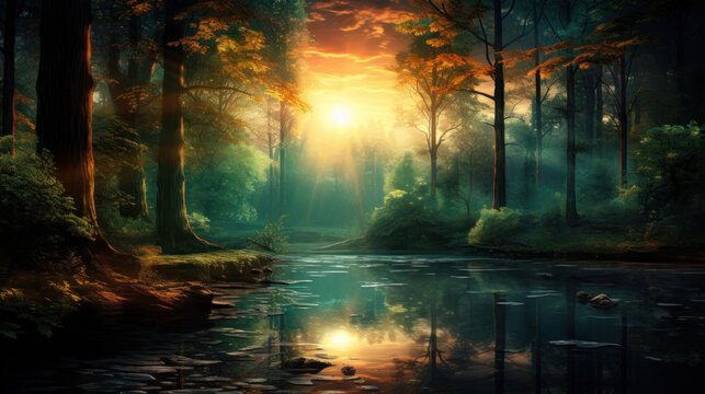 Unreal trippy landscape - forest, skies and water