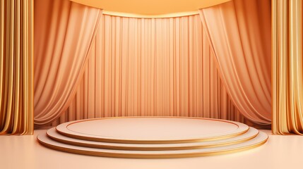 minimalist golden metallic podium stage lines with peachy pastel, rose gold colors, theatre curtains - obrazy, fototapety, plakaty
