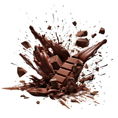 Chocolate pieces breaking on a transparent surface, creating a vibrant display. - obrazy, fototapety, plakaty