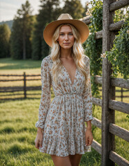 photo of beautiful woman with blonde hair and print dress and cowboy hat standing at local farm pathway, generative AI