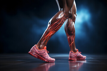 athlete's legs showing blood vessels through x-ray. muscle lesions and blood vessels. ai generated - obrazy, fototapety, plakaty