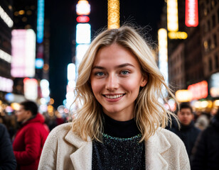 photo of beautiful woman with blonde hair in sweater standing with crowd in busy festival celebration community street , generative AI