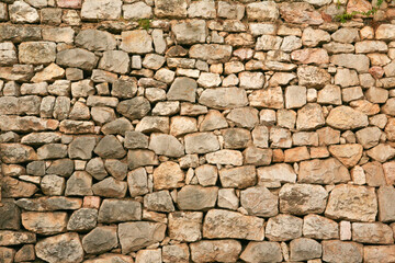 Old stone wall background, close-up. Stoney texture for publication, design, poster, calendar, post, screensaver, wallpaper, postcard, banner, cover, website. High quality photo