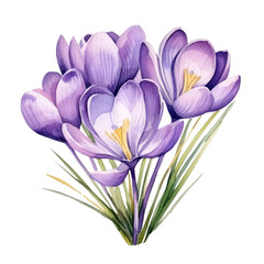 Watercolor illustration of crocus flowers on transparent. Suitable for cards, design, posters, etc.
