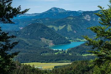 Stunning view of Erlauf lake and Dürrenstein peak from Bürgeralpe near Mariazell on a sunny summer day with blue sky cloud, Styria, Austria - 689897959