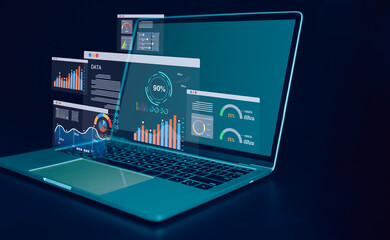 Laptop computer on dark background and dashboard for business analysis. Data and management system...