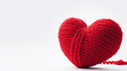 Coeur tricoté avec une pelote de laine de fil rouge. Amour, sentiment, tricot, couture. Pour conception et création graphique.  - obrazy, fototapety, plakaty