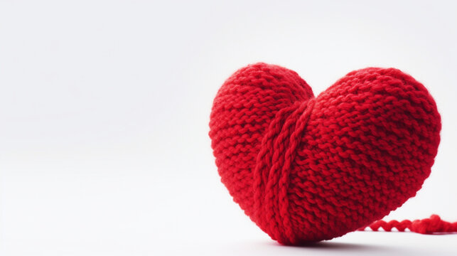 Coeur tricot&eacute; avec une pelote de laine de fil rouge. Amour, sentiment, tricot, couture. Pour conception et cr&eacute;ation graphique. 