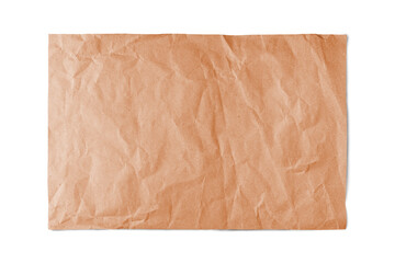 Orange crumpled rectangle sheet of paper with smooth edge isolated on white, transparent background, PNG. Recycled craft paper wrinkled, creased texture. Template, mockup with copy space for text.