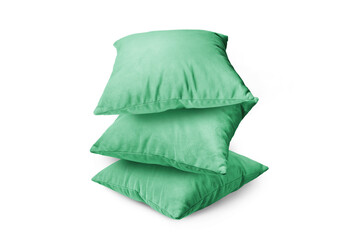 Stack of green pillows isolated on white, transparent background, PNG. Pile of  decorative cushions for sleeping and resting, home interior, house decor.