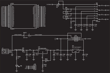 Vector electrical schematic diagram of an digital
electronic device with lcd, operating under the control of a pic microcontroller.
Sheet 3 of 3.
