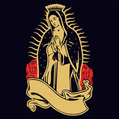 Mexican Virgin of Guadalupe vintage silkscreen style poster illustration with roses on dark background