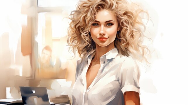 Smiling Teen White Woman with Blond Curly Hair Watercolor Illustration. Portrait of a Business person on minimalistic office background. Watercolor Drawing. Ai Generated Horizontal Illustration.