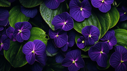 Fond de fleurs violettes avec leurs feuilles. Nature, fleur, violet. Motif floral pour décoration, création graphique et conception. - obrazy, fototapety, plakaty
