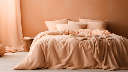 A cozy bedroom with a bed dressed in soft peach fuzz color bedding. Modern trendy tone hue shade