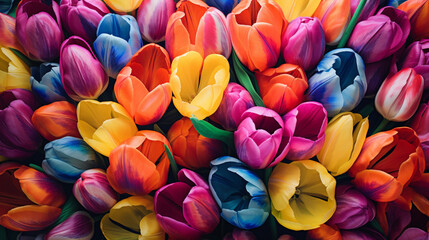Fond de fleurs, tulipes de toutes les couleurs. Nature, fleur, coloré. Motif floral pour décoration, création graphique et conception. - obrazy, fototapety, plakaty