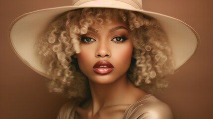 Photorealistic Adult Black Woman with Blond Curly Hair Vintage Illustration. Portrait of a person wearing hat, retro 20s movie style. Retro fashion. Ai Generated Horizontal Illustration.