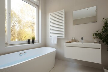 Fototapeta na wymiar Bathroom with autumn view and white wall radiator