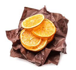 Paper with dried orange slices on white background