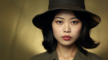 Photorealistic Adult Chinese Woman with Brown Straight Hair Vintage Illustration. Portrait of a person wearing hat, retro 20s movie style. Retro fashion. Ai Generated Horizontal Illustration.