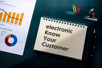 There is notebook with the word electronic Know Your Customer. It is as an eye-catching image.