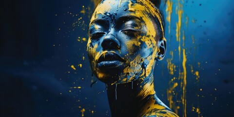 A woman with yellow paint on her face. Generative AI.