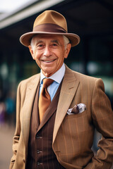 An older man in a brown suit and hat smiling outside at horse races.