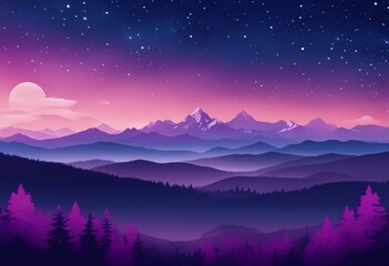 Blue and purple landscape with silhouettes of mountains hills and forest and stars in the sky