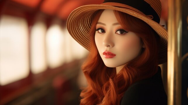 Photorealistic Adult Chinese Woman with Red Straight Hair Vintage Illustration. Portrait of a person wearing hat, retro 20s movie style. Retro fashion. Ai Generated Horizontal Illustration.