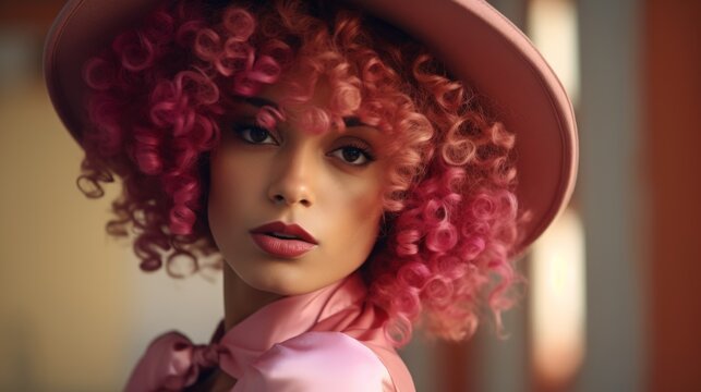 Photorealistic Adult Latino Woman with Pink Curly Hair Vintage Illustration. Portrait of a person wearing hat, retro 20s movie style. Retro fashion. Ai Generated Horizontal Illustration.