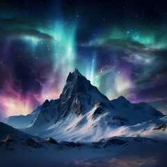 
A snowy mountain peak under a dazzling display of the aurora borealis