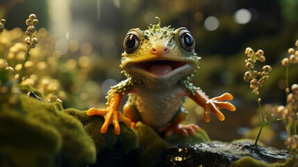 Gliding frog look like laughing on moss, Flying frog laughing, animal closeup. generative ai