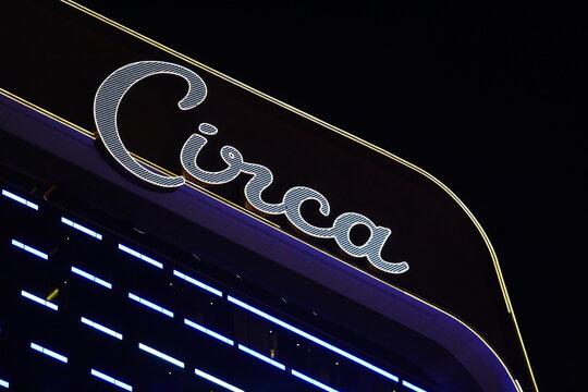 Circa resort & casino. Built in 2019, Neon Circa Sign illuminated at night in Las Vegas Fremont street downtown experience. Las Vegas, Nevada, USA &ndash; December 7
