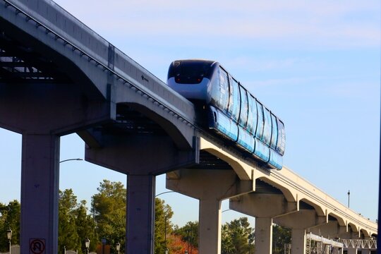 Las Vegas Monorail - built in 2009, the monorail is a passenger tram that connects Sahara with MGM. The monorail uses nine fully automatic Bombardier MVI trains. Las Vegas, Nevada, USA &ndash; December 7